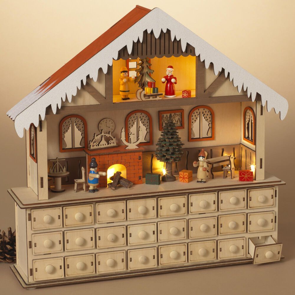 The Gerson Company Lighted Laser Cut Wood Holiday Scene Advent Calendar in Multicolor, , large