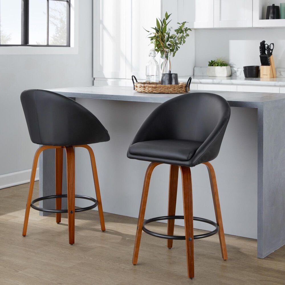 LumiSource Matisse 26" Swivel Counter Stool with Black Faux Leather Upholstery in Walnut and Black (Set of 2), , large