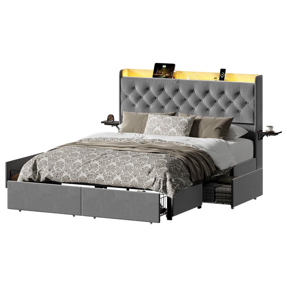 HOMLUX Full Upholstered Platform Storage Bed with Headboard Shelf and USB Charging Station in Gray, , large