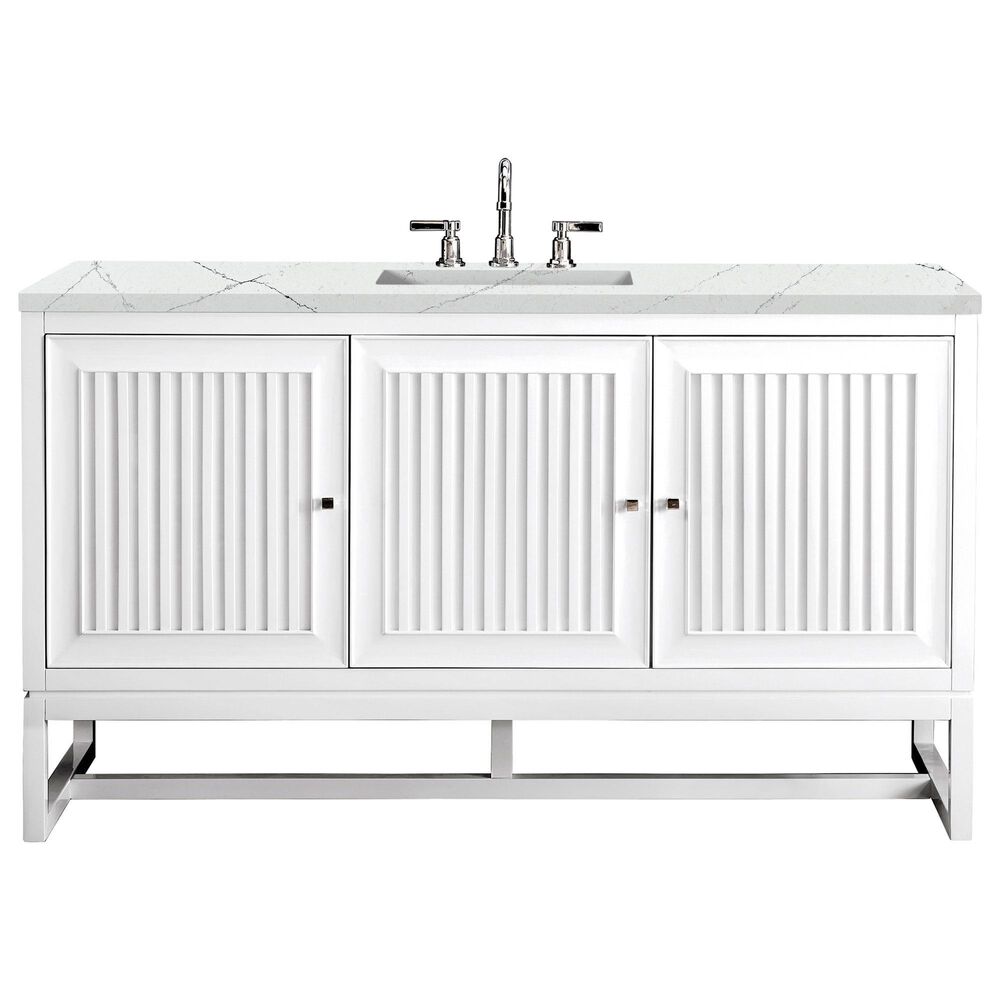 James Martin Vanities Athens 60" Single Bathroom Vanity in Glossy White with 3 cm Ethereal Noctis Quartz Top and Rectangular Sink, , large