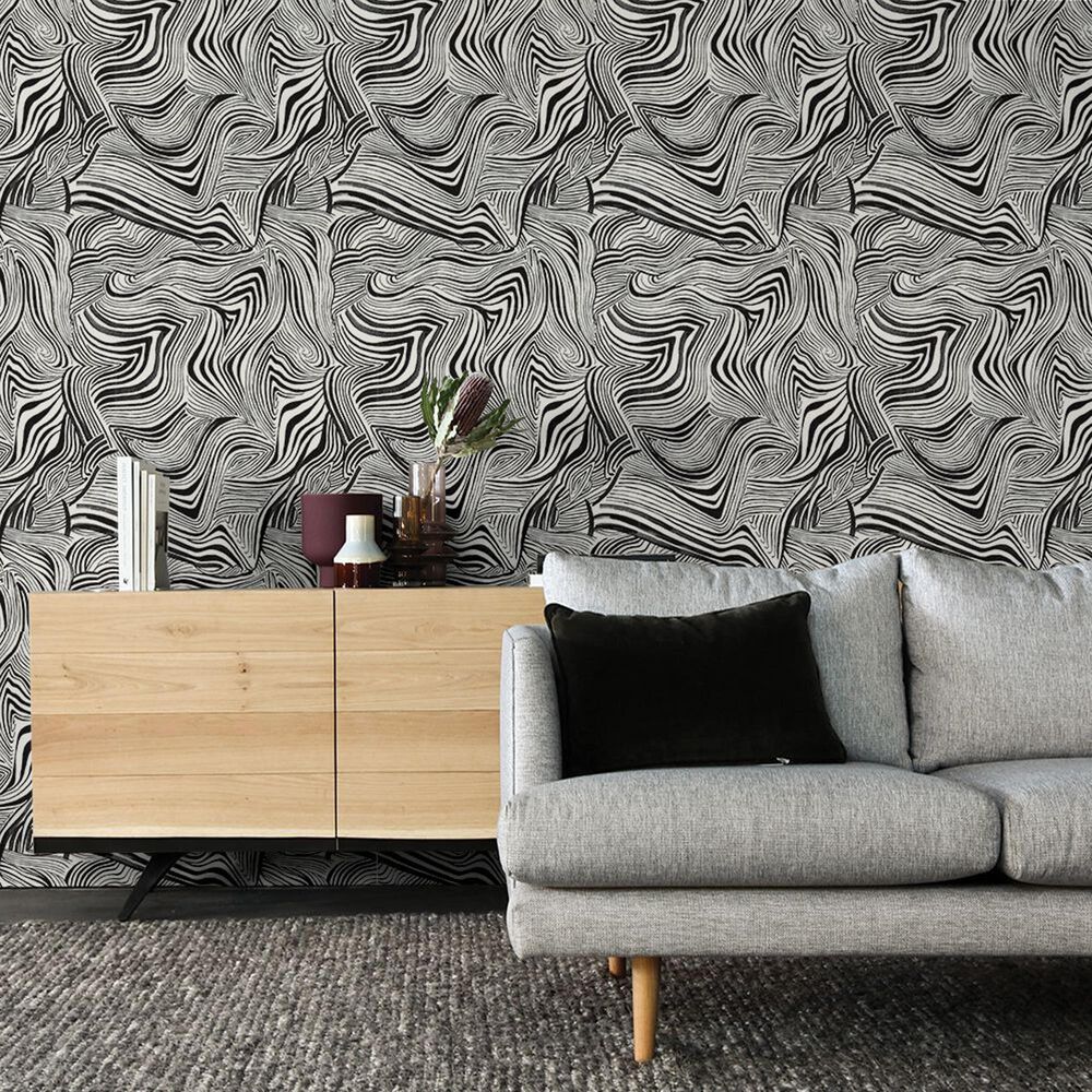 Tempaper Zebra Marble 198&quot; x 20.5&quot; Peel and Stick Wallpaper in Waverly White and Black, , large