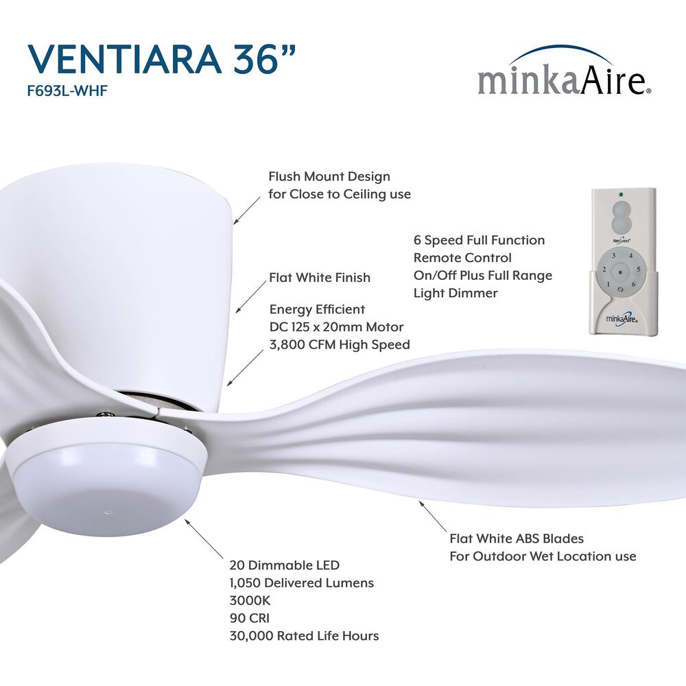 Minka-Aire Ventiara 36" LED Flush Mount Indoor/Outdoor Ceiling Fan in Flat White, , large