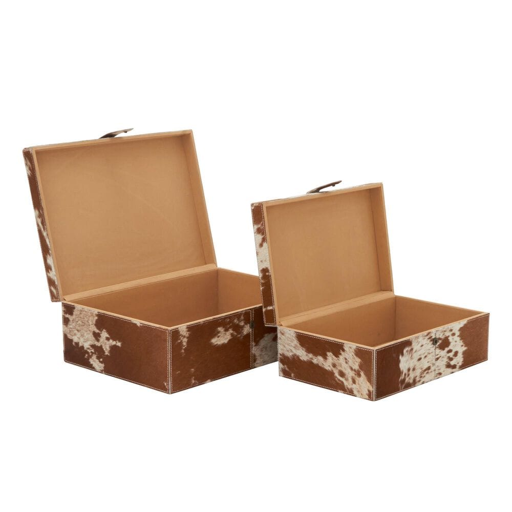 Maple and Jade 2-Piece Handmade Cowhide Decorative Box Set with Snap Front Closure in Brown and White, , large