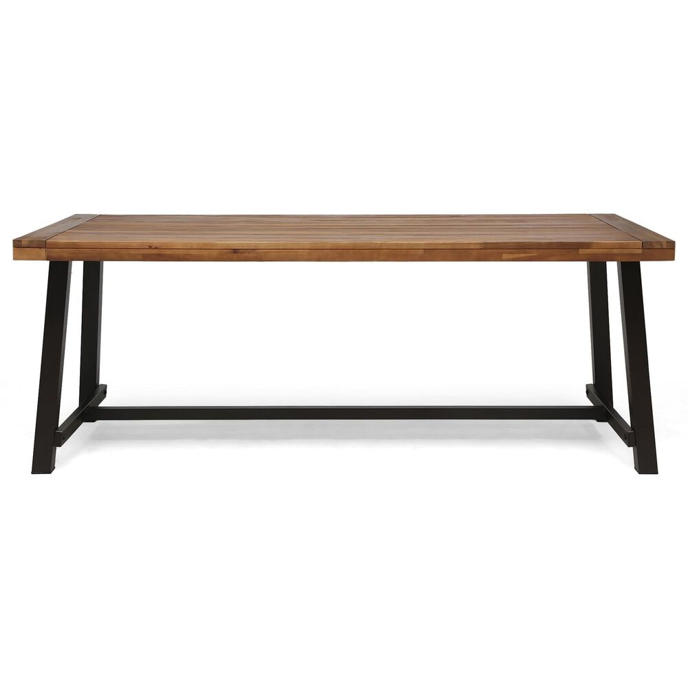 Hearth and Haven Outdoor Wood Dining Table with Slat Top and Metal Base in Teak, , large