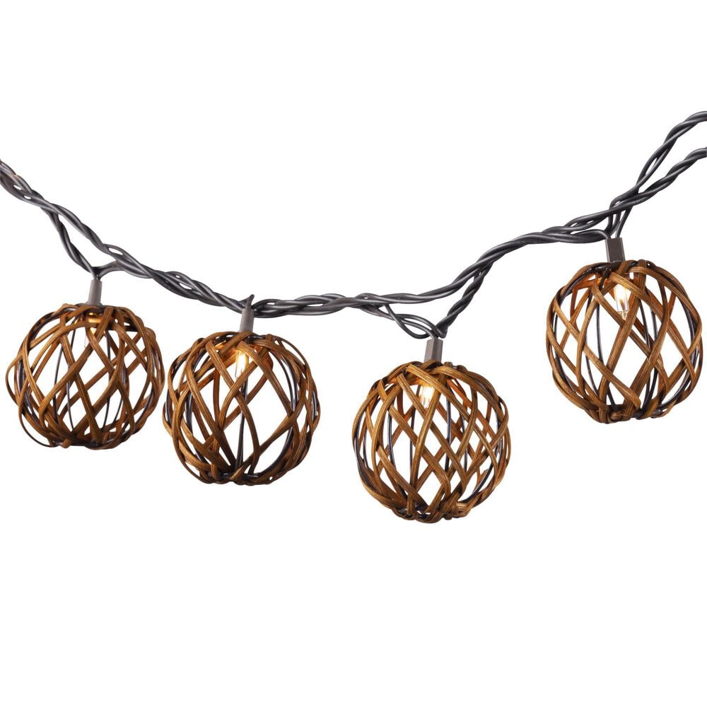 The Gerson Company 6" Sphere Rattan Patio String Lights with Warm White Mini LED Bulbs, , large