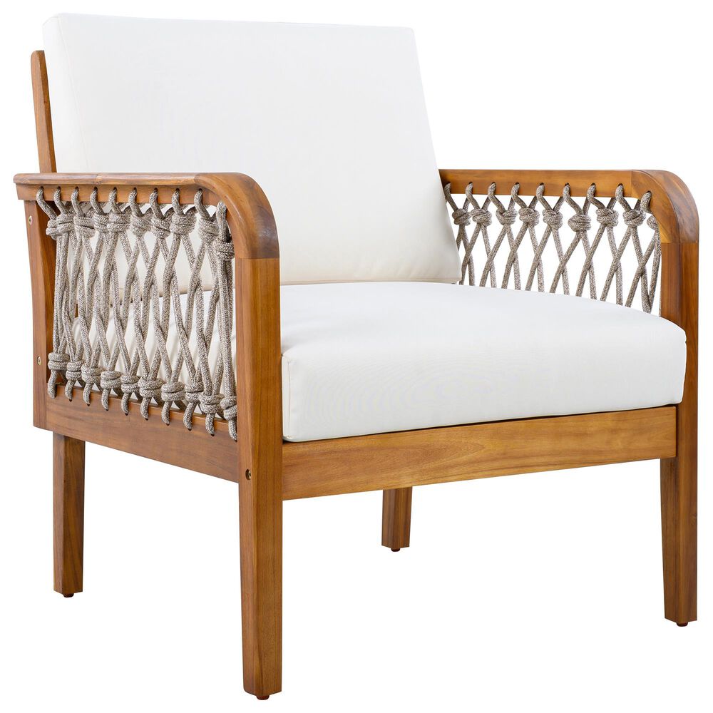 Hearth and Haven Outdoor Club Chair with Handwoven Rope Armrest and Light Teak Frame in Cream, , large