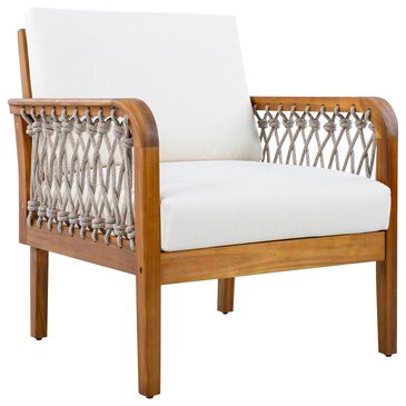 Hearth and Haven Outdoor Club Chair with Handwoven Rope Armrest and Light Teak Frame in Cream, , large
