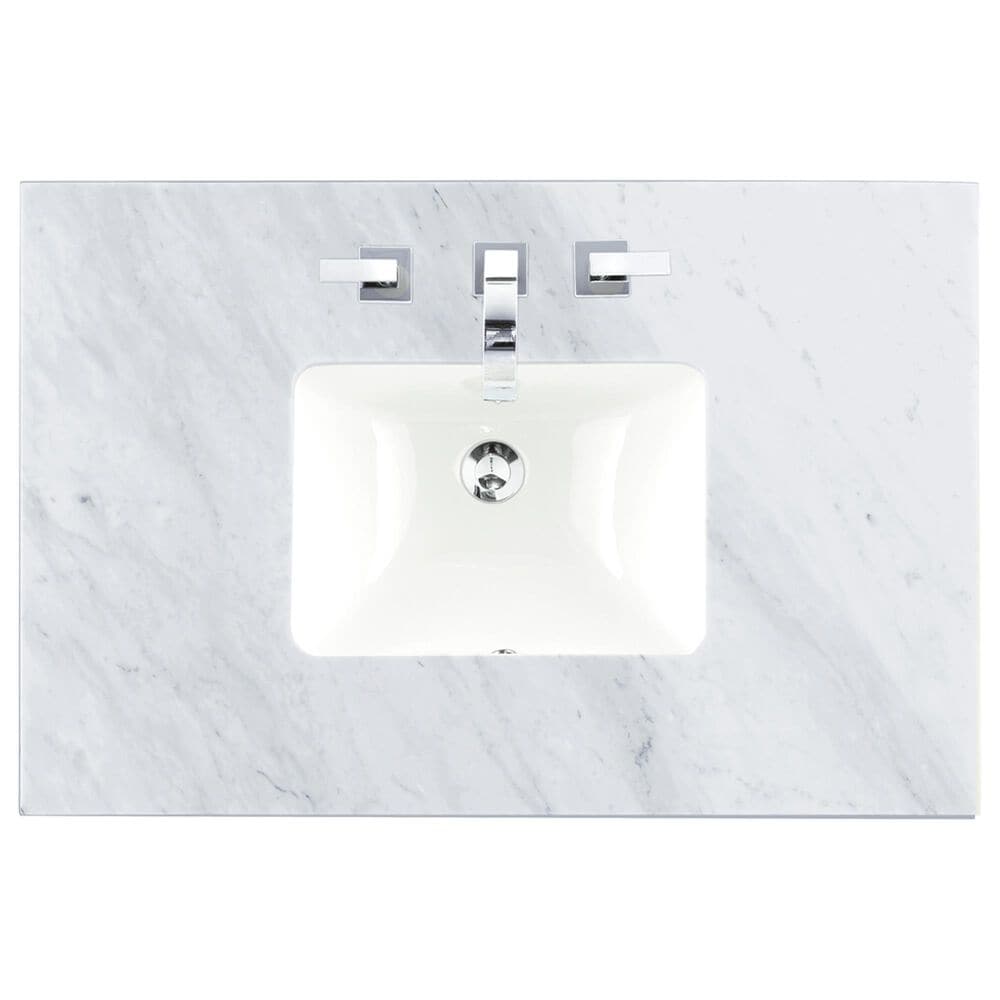 James Martin Vanities Solene 36&quot; Single Bathroom Vanity in Seaside Oak with 3 cm Carrara White Marble Top and Rectangular Sink, , large