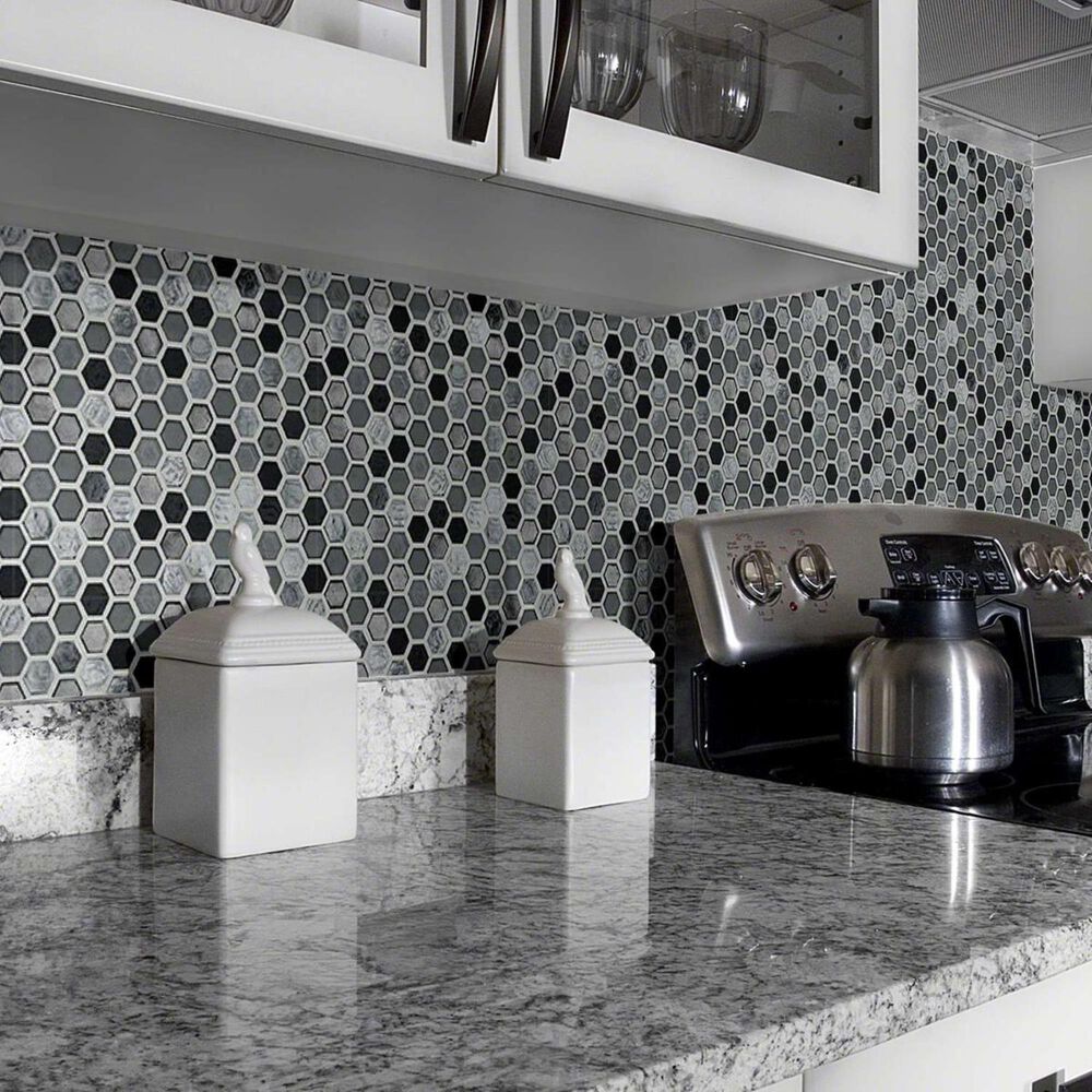 Shaw Molten Hexagon Obsidian 11.49&quot; x 11.02&quot; Glass Mosaic Sheet, , large