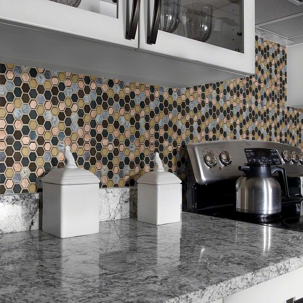 Shaw Molten Hexagon Bronze 11.49&quot; x 11.02&quot; Glass Mosaic Sheet, , large