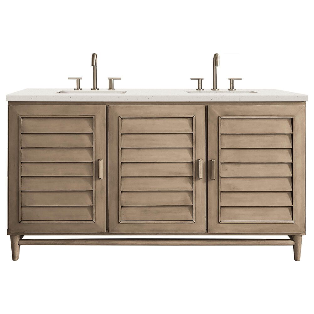 James Martin Vanities Portland 60" Double Bathroom Vanity in Whitewashed Walnut with 3 cm Lime Delight Quartz Top and Rectangular Sinks, , large