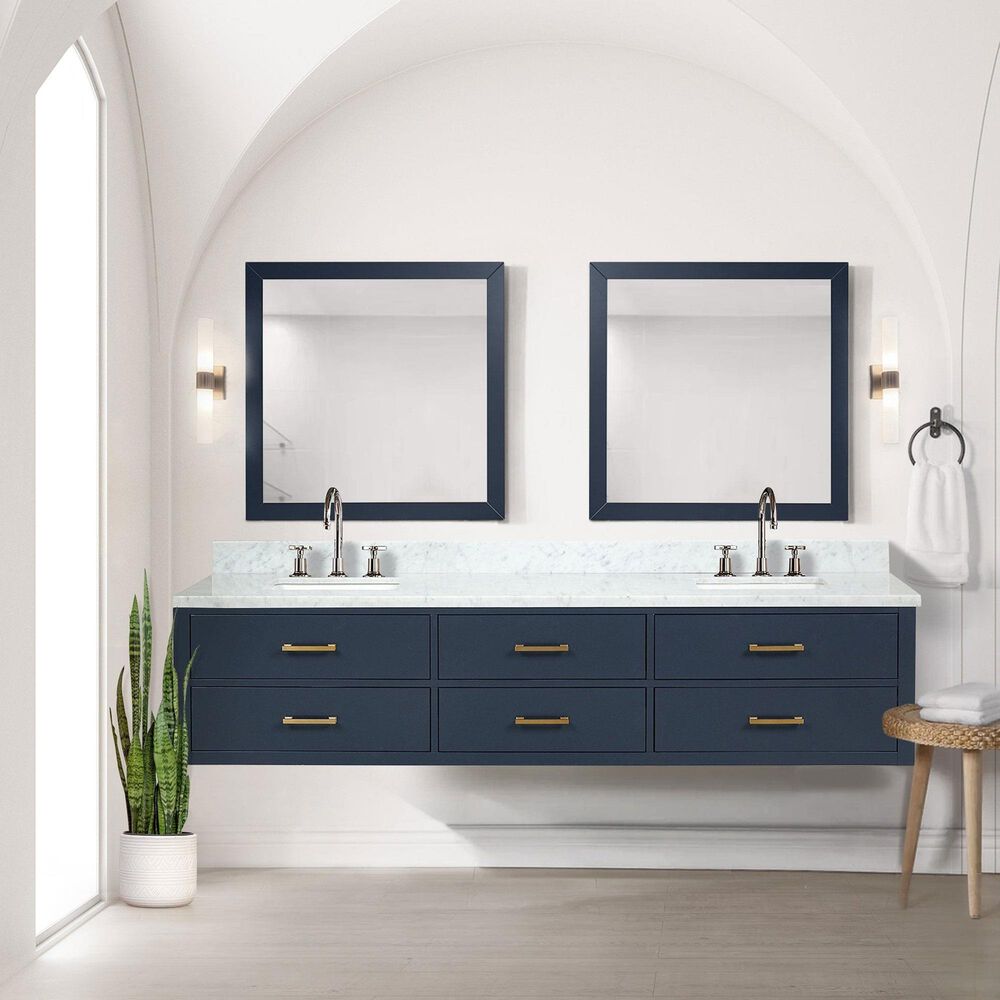 Lexora Home Castor 84&quot; Double Bathroom Vanity in Black with 2 cm White Carrara Marble Top and Rectangular Sinks, , large
