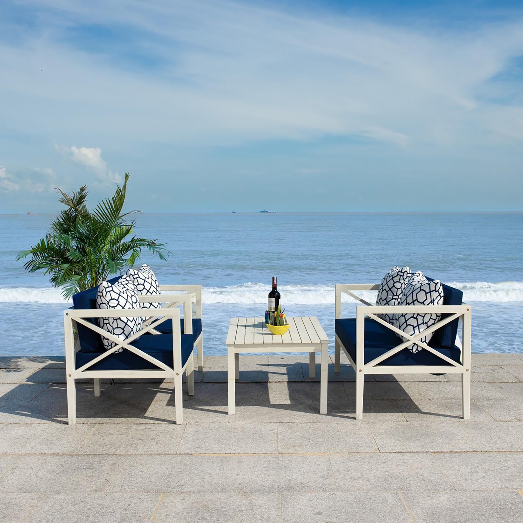 Safavieh Indria 4 Piece Patio Seating Set with Navy Cushion in