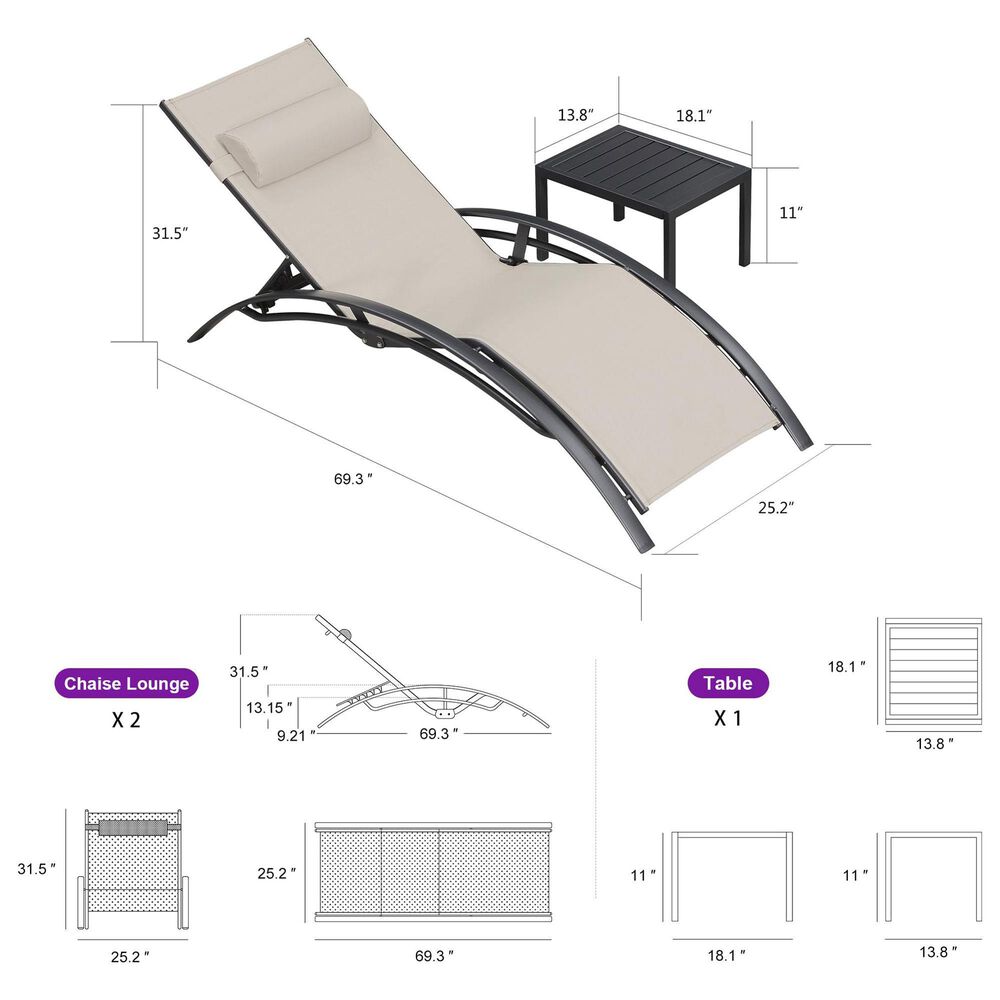 HOMLUX 3-Piece Standard Patio Chaise Lounge Set in Beige, , large