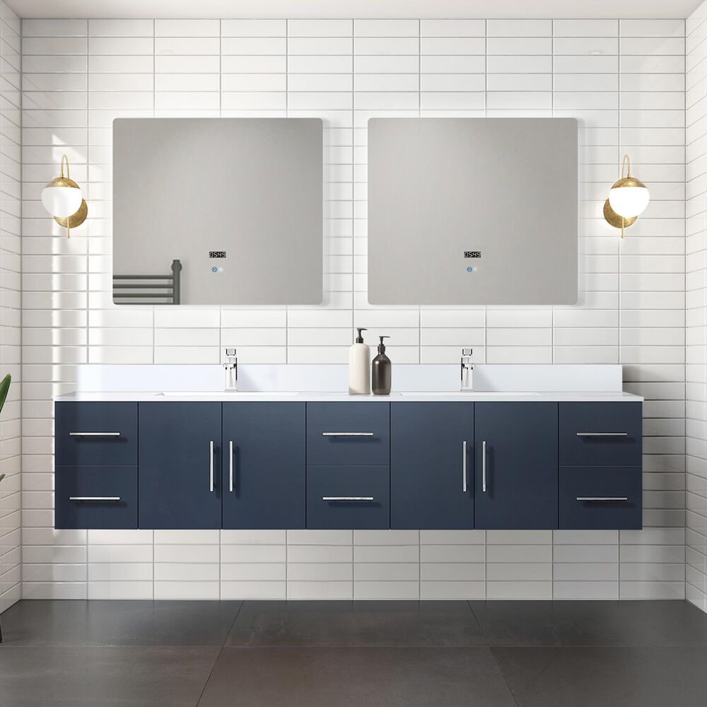 Lexora Home Geneva 84&quot; Double Bathroom Vanity in Navy Blue with 2 cm White Quartz Top and Rectangular Sinks, , large