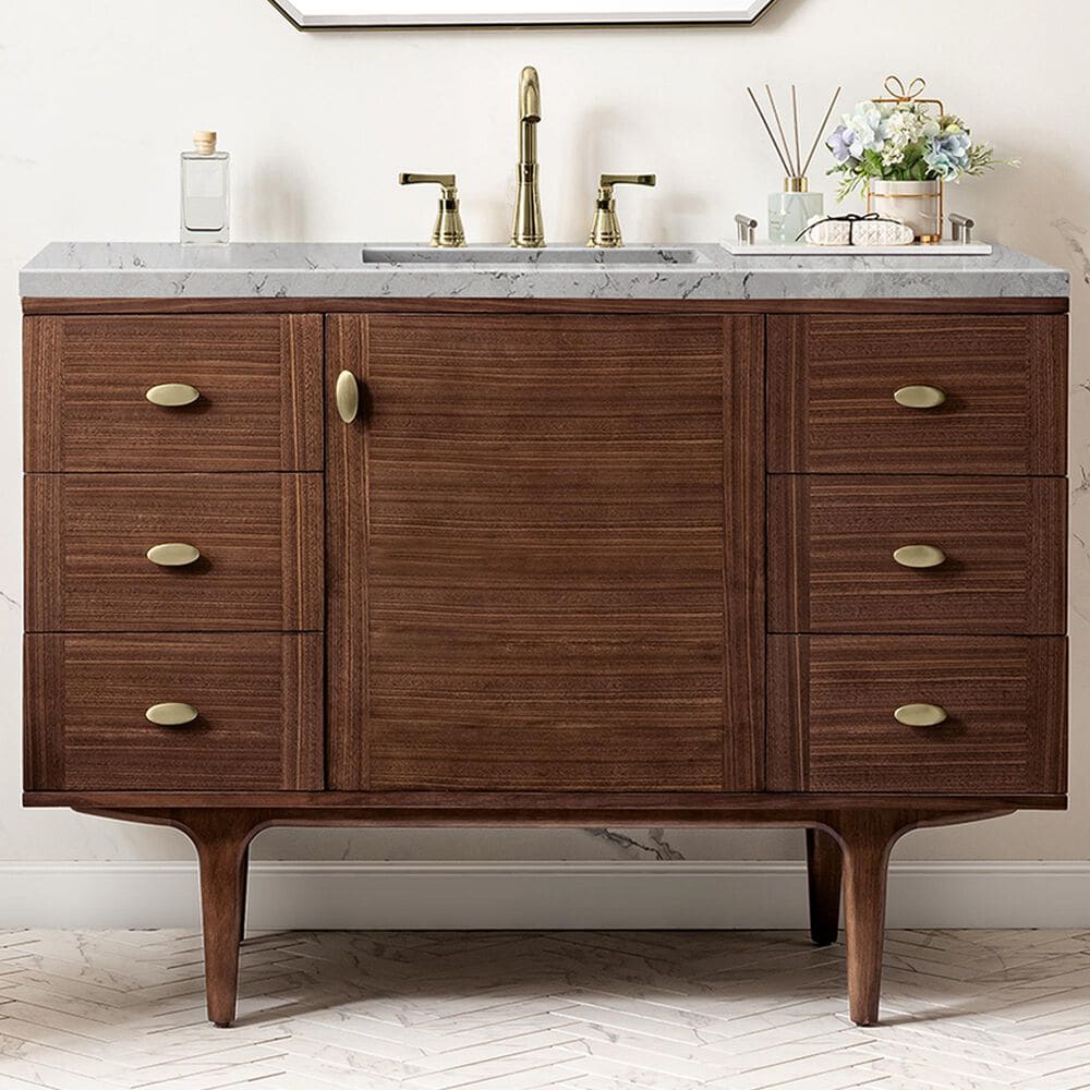 James Martin Vanities Amberly 48&quot; Single Bathroom Vanity in Walnut with 3 cm Eternal Jasmine Pearl Quartz Top and Rectangular Sink, , large