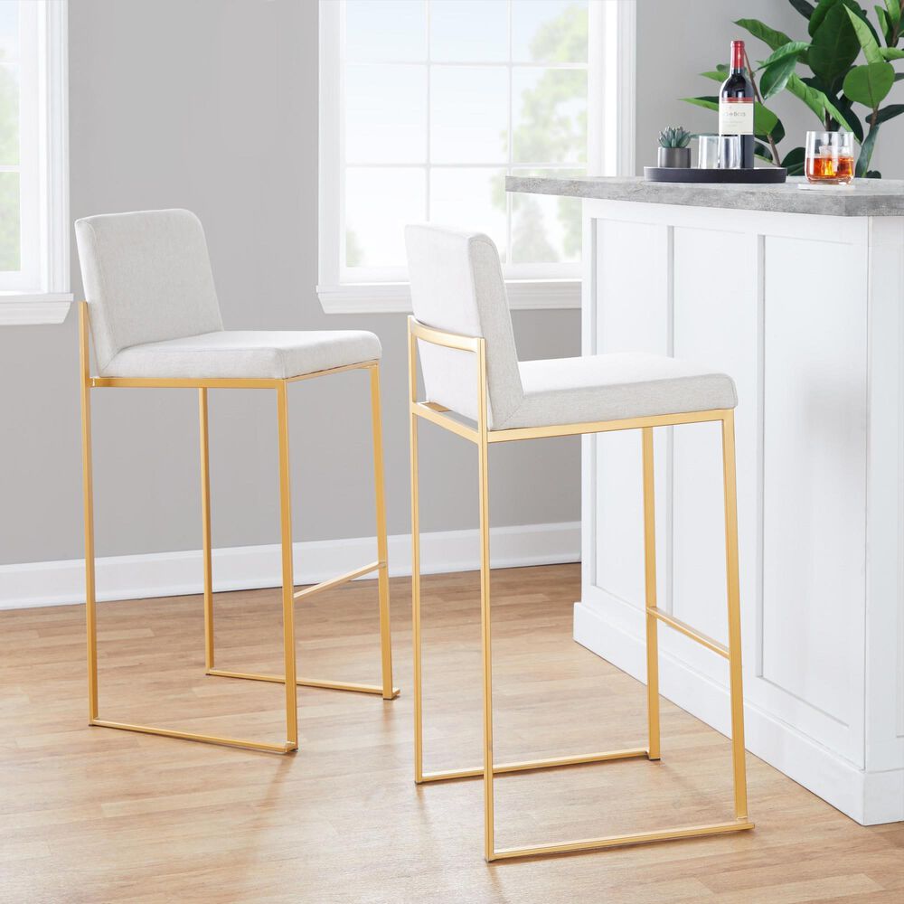 Lumisource Fuji High Back Barstool with Beige Fabric in Gold &#40;Set of 2&#41;, , large