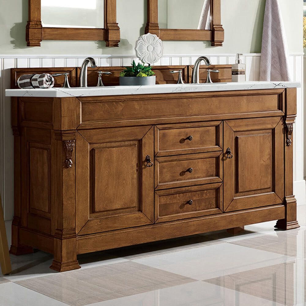 James Martin Vanities Brookfield 60&quot; Double Bathroom Vanity in Country Oak with 3 cm Ethereal Noctis Quartz Top and Rectangle Sink, , large