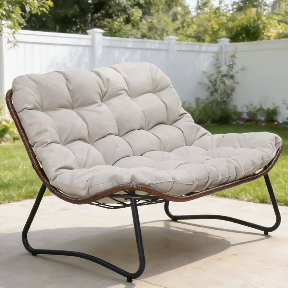 Hearth and Haven Outdoor Glider Loveseat with Cushion and Brown Wicker in Gray, , large