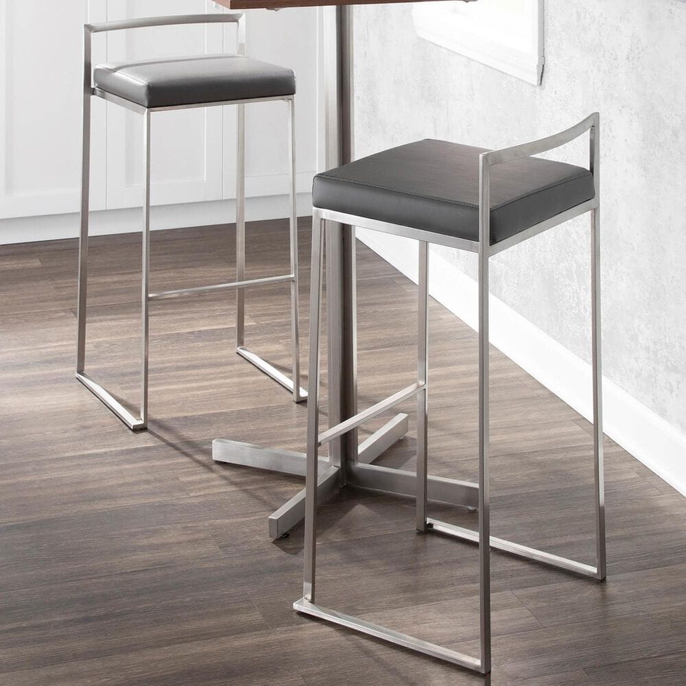 Lumisource Fuji Stackable Barstool with Grey Faux Leather Cushion in Stainless Steel (Set of 2), , large