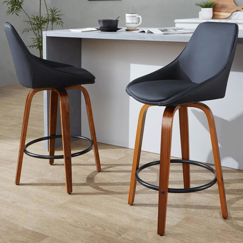 LumiSource Diana 26" Swivel Counter Stool with Black Faux Leather Upholstery in Walnut and Black (Set of 2), , large