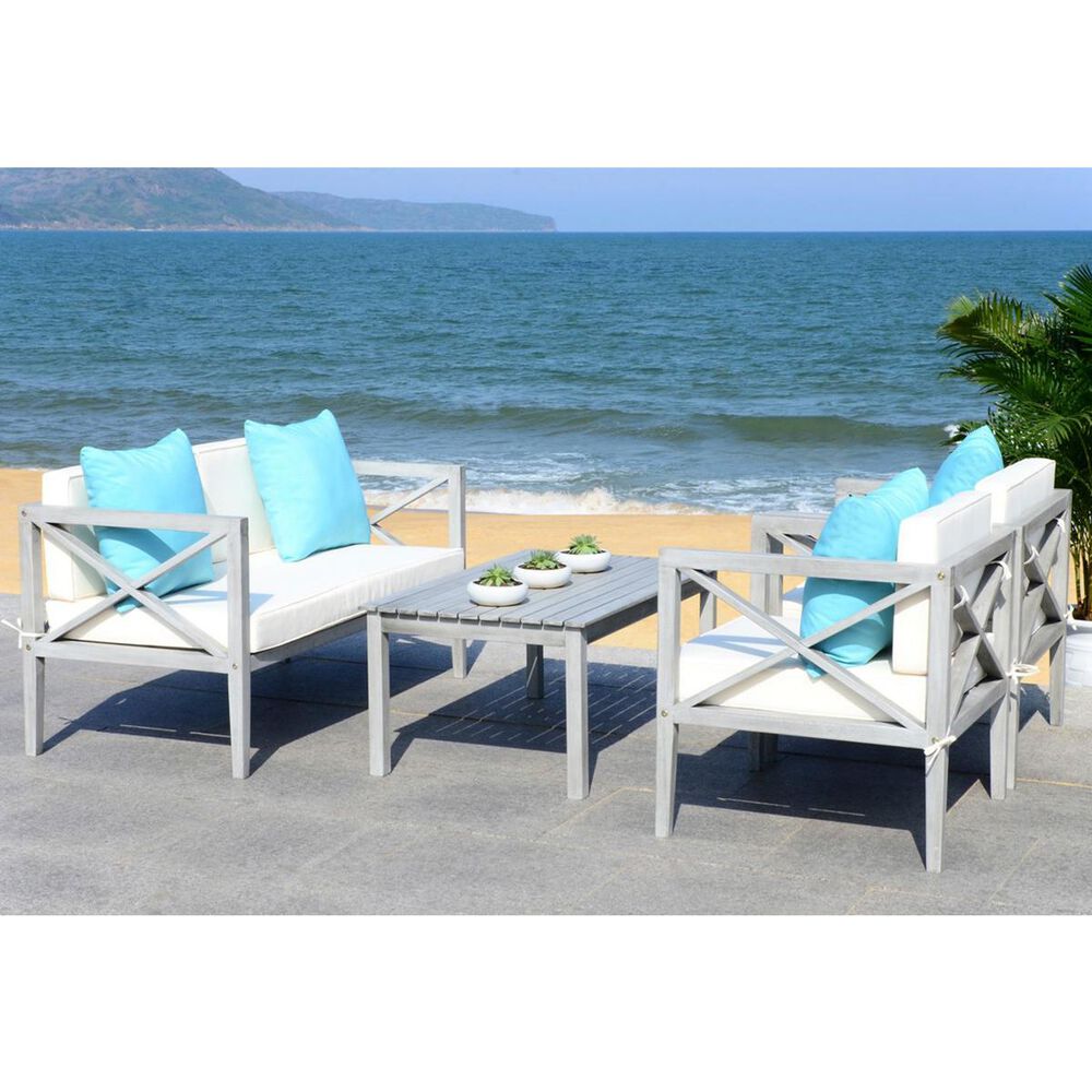 Safavieh Nunzio 4-Piece Outdoor Chat Set in Grey Wash, White, and Light Blue, , large