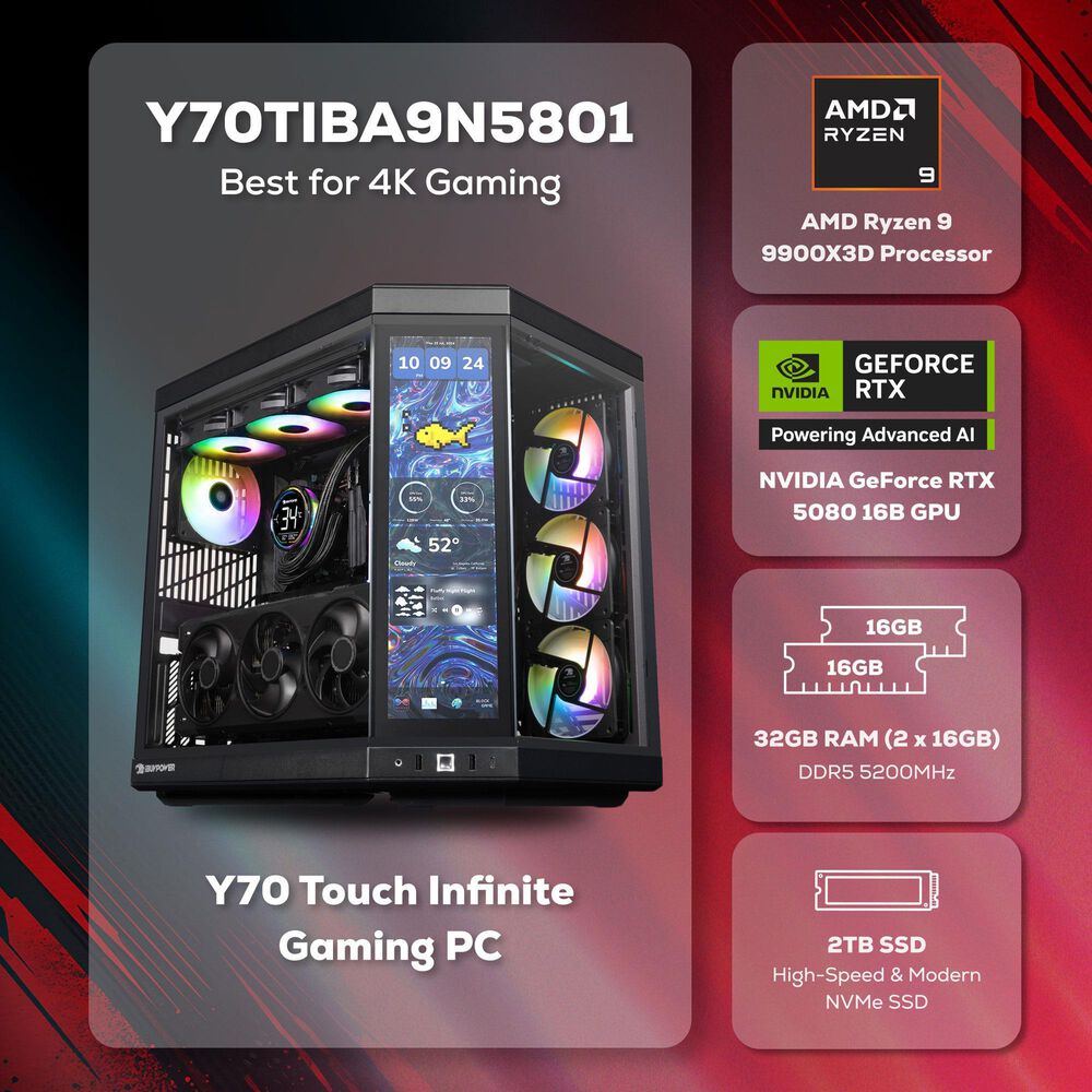 iBUYPOWER Gaming PC Desktop|AMD Ryzen 9 9900X3D - 32GB RAM - NVIDIA GeForce RTX 5080 - 2TB SSD in Black, , large