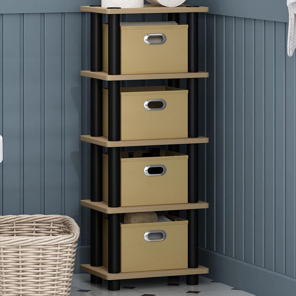 HOMLUX 5-Tier Tall Corner Open Bookshelf with 4 Storage Bins in Oak and Black, , large