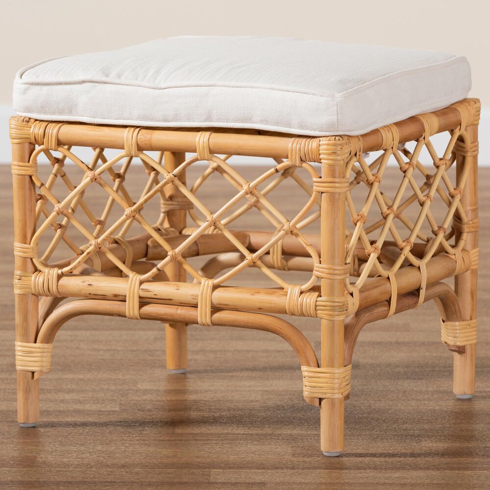 Baxton Studio Orchard Ottoman with Natural Brown Rattan in White, , large