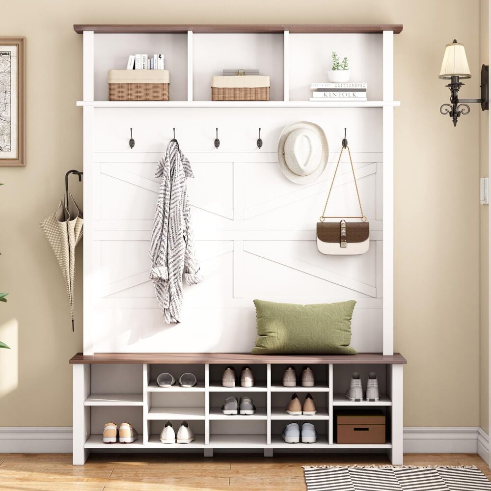 HOMLUX 6-Hook Hall Tree with 16-Compartment in White and Walnut, , large