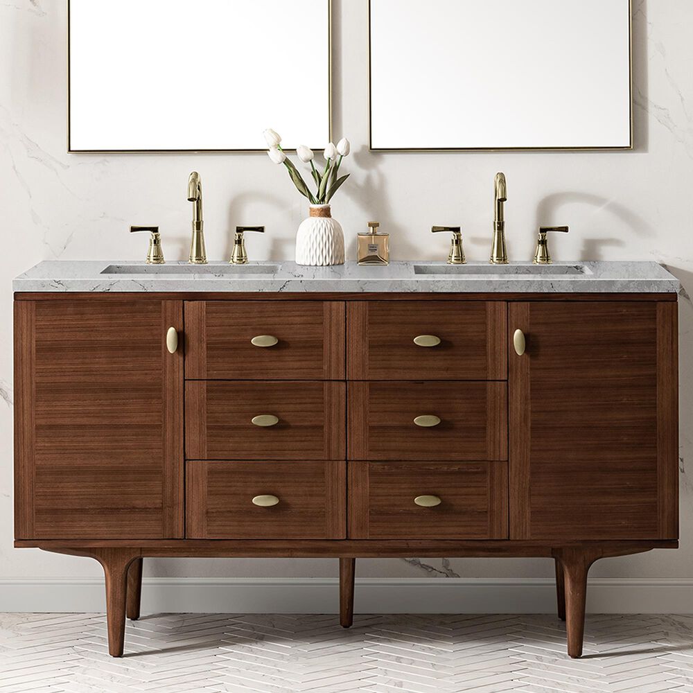 James Martin Vanities Amberly 60&quot; Double Bathroom Vanity in Walnut with 3 cm Eternal Jasmine Pearl Quartz Top and Rectangular Sinks, , large