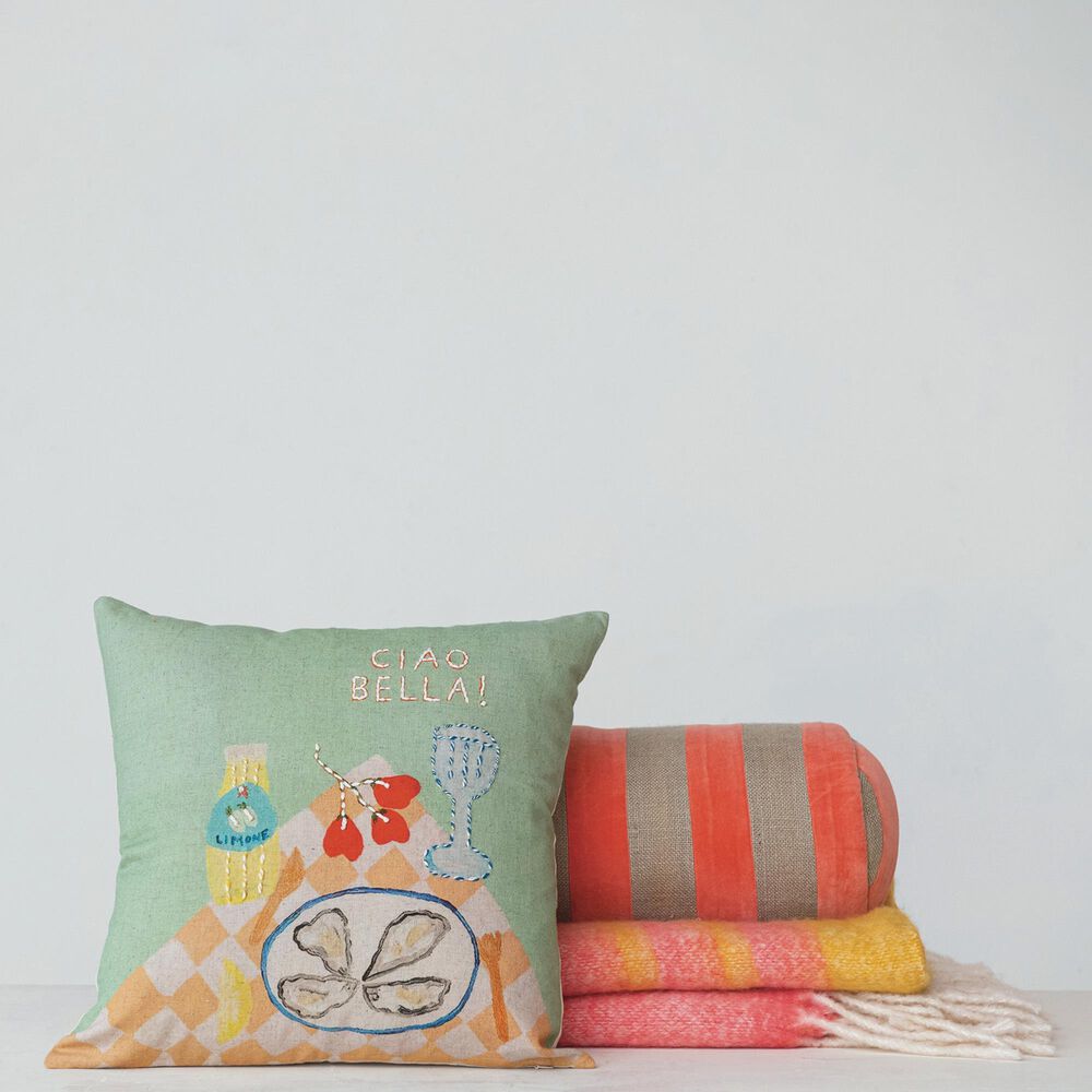 Teak Interiors Happy House 18&quot; x 8&quot; Bolster Throw Pillow in Pink and Natural, , large