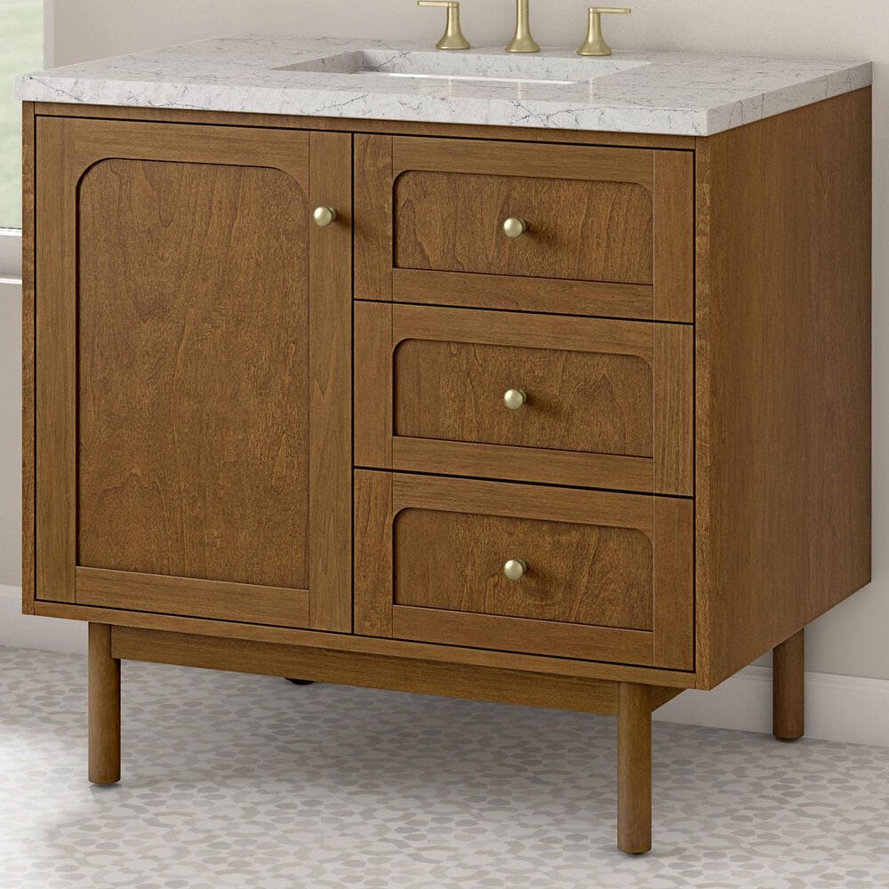 James Martin Laurent 36" Single Bathroom Vanity in Honey Oak with 3 cm Eternal Jasmine Pearl Silestone Top and Rectangular Sink, , large