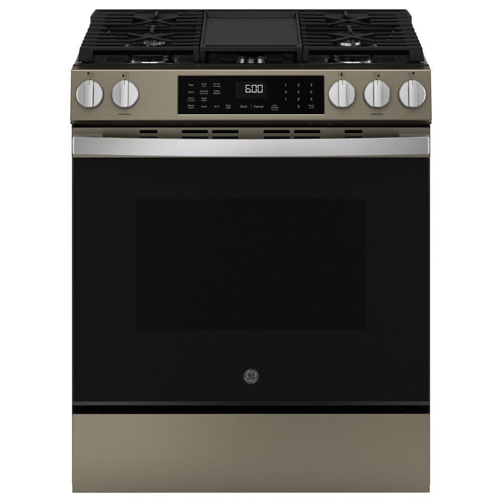 GE Appliances 2-Piece Kitchen Package with 5.3 Cu. Ft. Slide-In Front Control Gas Range and 1.9 Cu. Ft. Over-The-Range Microwave in Fingerprint Resistant Slate and Black, , large