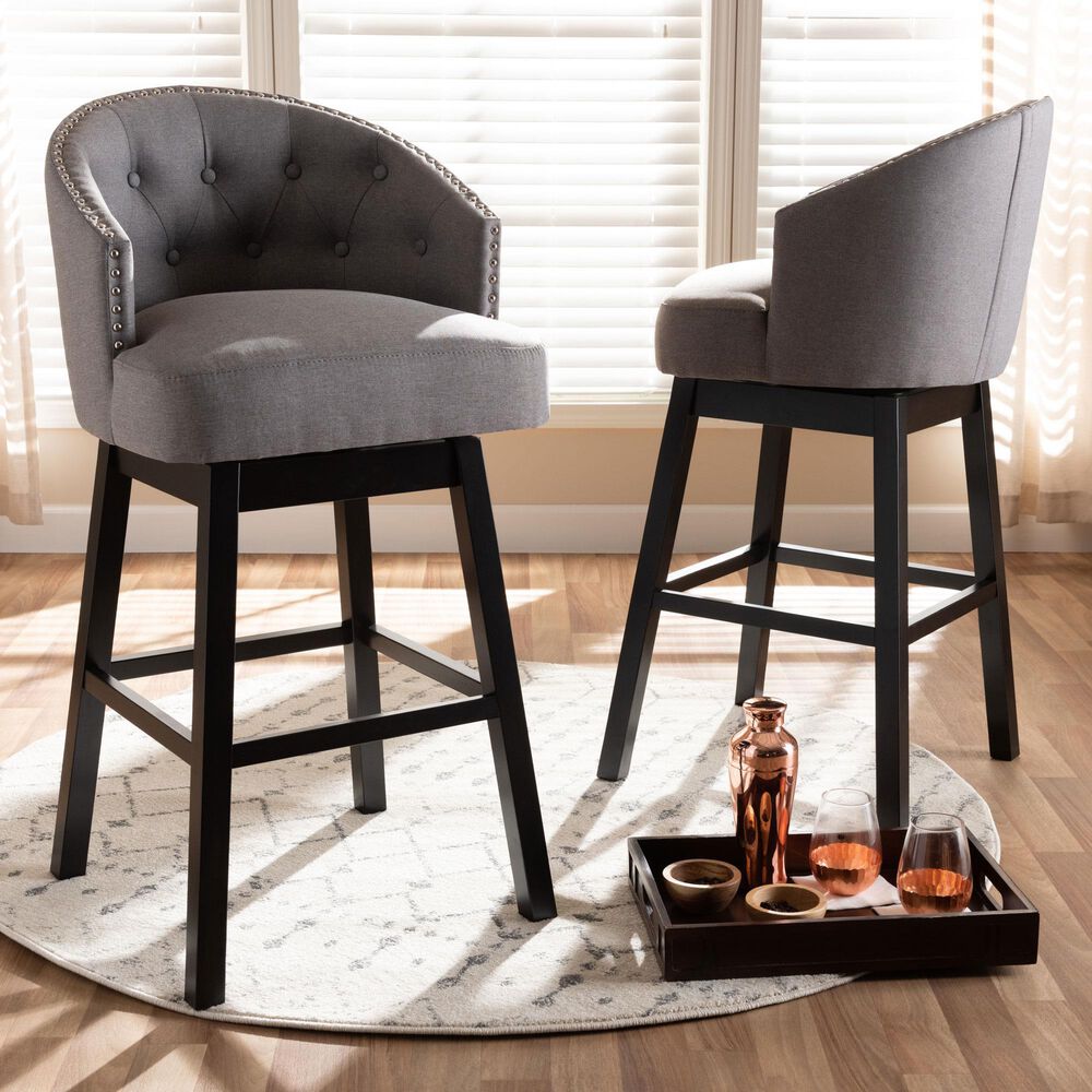 Baxton Studio Theron Swivel Bar Stool with Grey Cushion in Espresso (Set of 2), , large