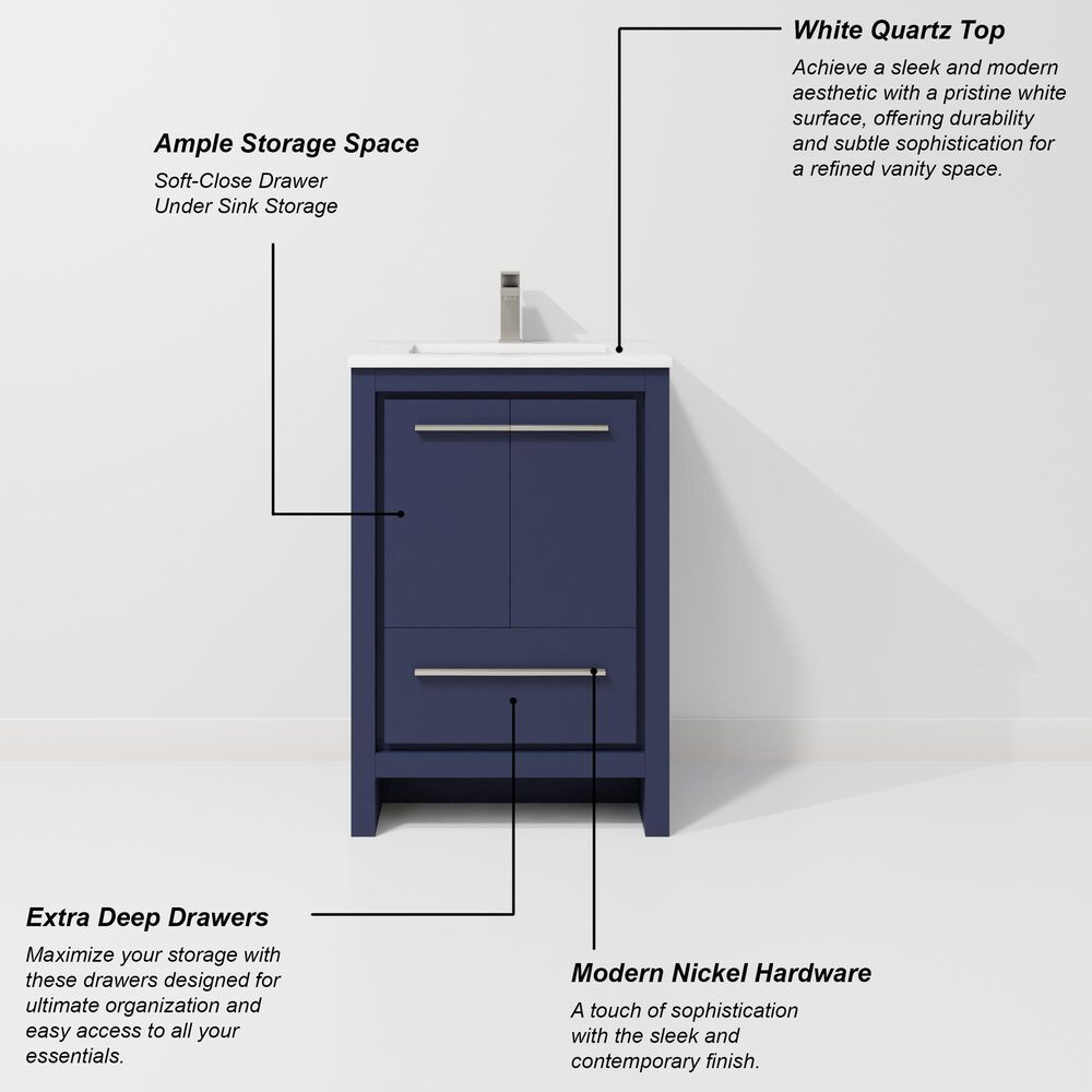 Lexora Home Lafarre 24&quot; Single Bathroom Vanity in Navy Blue with 2 cm White Quartz Top and Rectangular Sink, , large