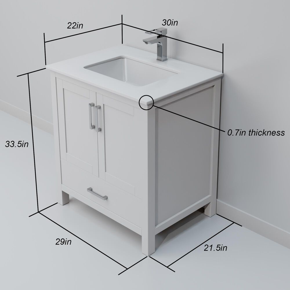 Lexora Home Jacques 30&quot; Single Bathroom Vanity in White with 2 cm White Cultured Marble Top and Rectangular Sink, , large