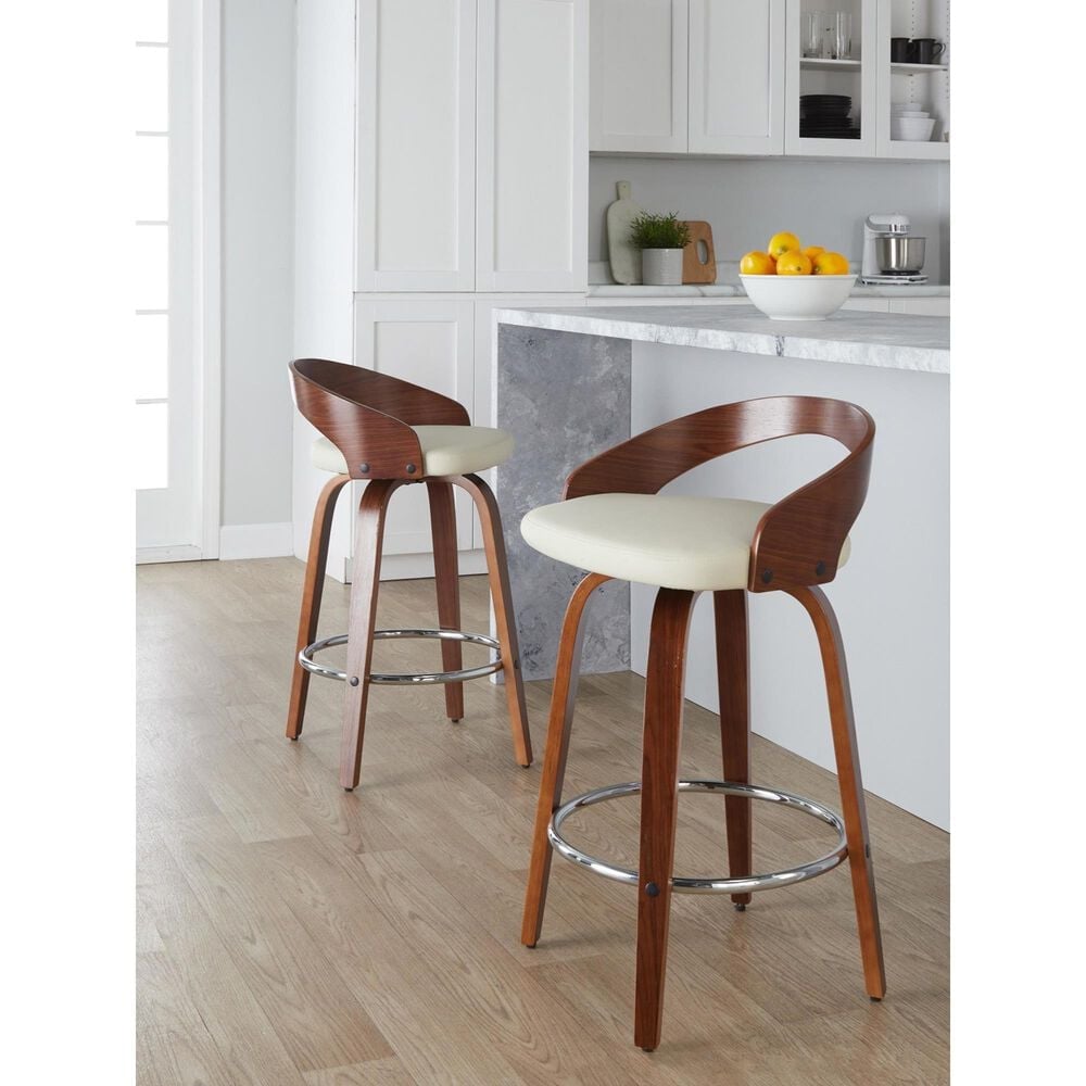 LumiSource Grotto 26" Swivel Counter Stool with Cream Faux Leather Upholstery in Walnut and Chrome (Set of 2), , large