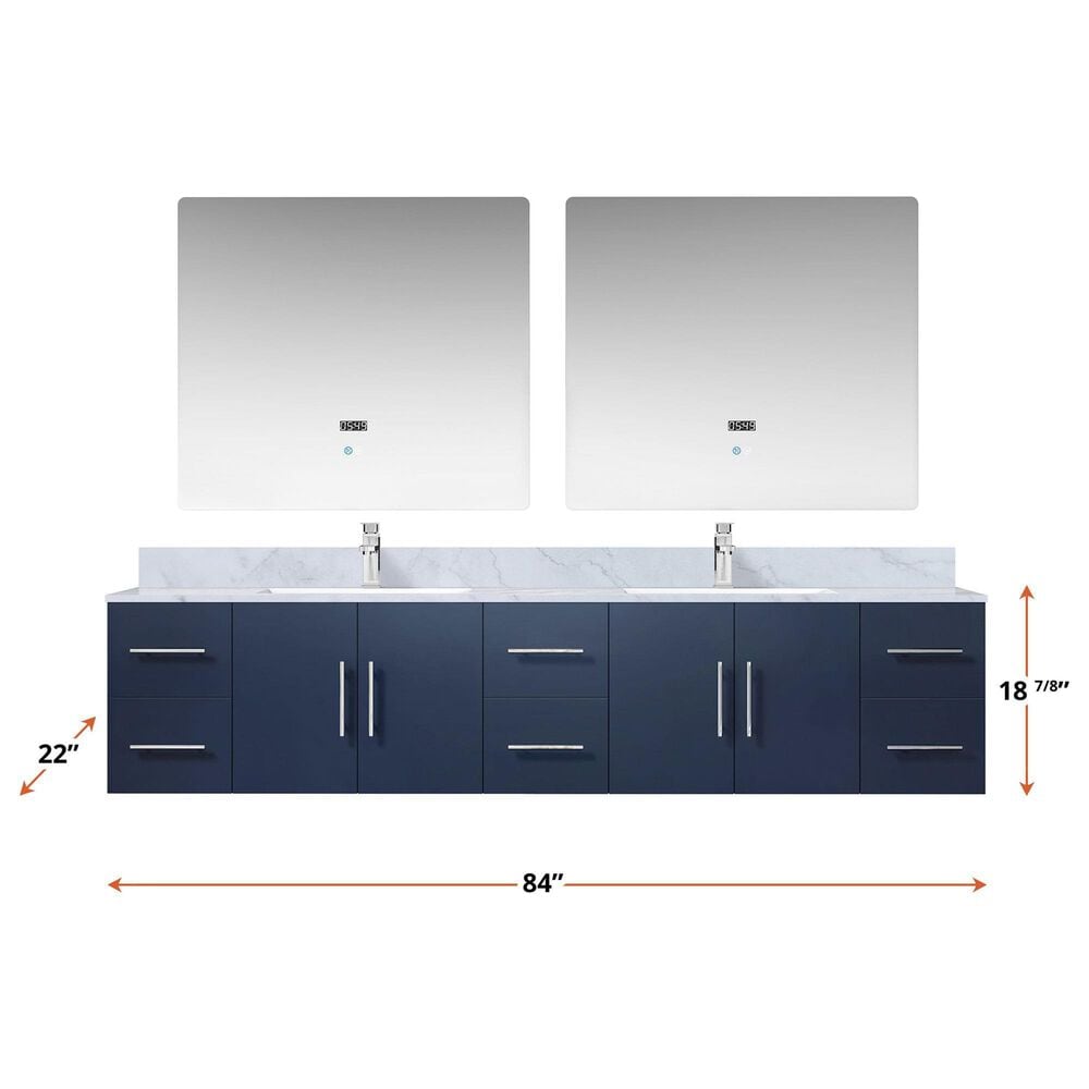 Lexora Home Geneva 84&quot; Double Bathroom Vanity in Navy Blue with 2 cm White Carrara Marble Top, Rectangular Sinks and 36&quot; LED Mirrors, , large