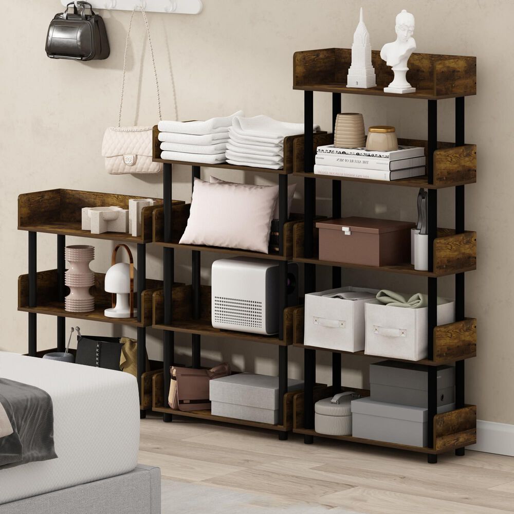 HOMLUX Turn-N-Tube 4-Tier Open Display Storage Bookshelf in Amber Pine and Black, , large