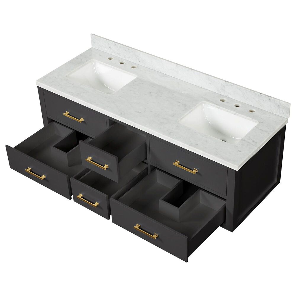 Lexora Home Castor 60&quot; Double Bathroom Vanity in Black with 2 cm White Carrara Marble Top and Rectangular Sinks, , large