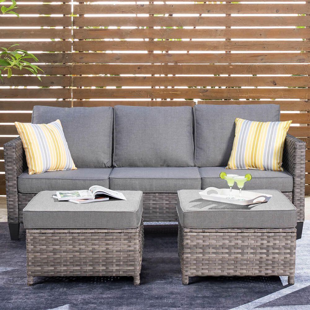 HOMLUX 3-Piece 77" Patio Sofa and Ottoman Set in Dark Grey, , large