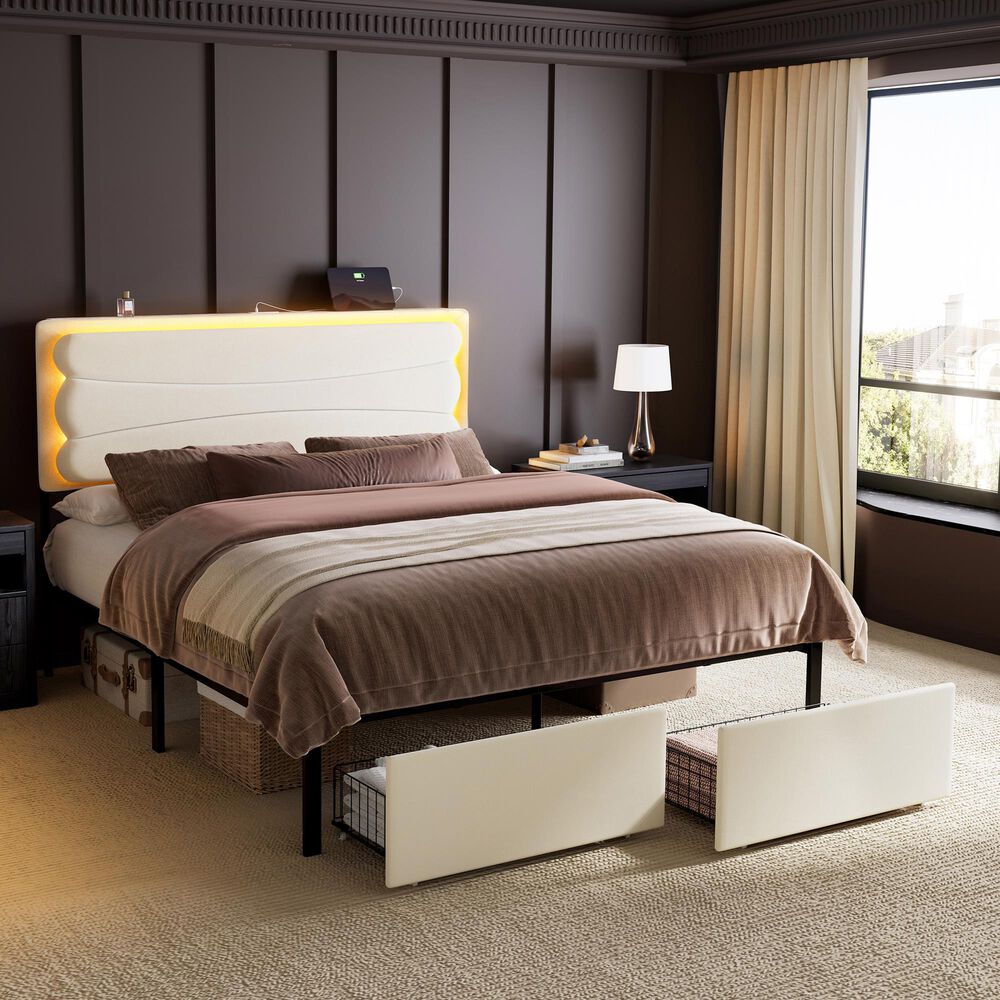 HOMLUX Full Upholstered Platform Storage Bed Frame in Beige, , large