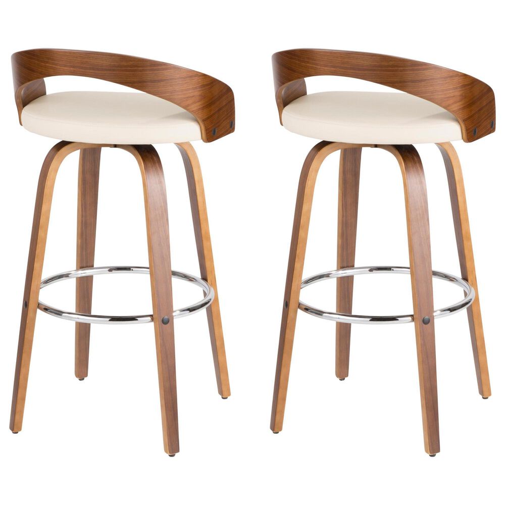 LumiSource Grotto 30" Bar Stool with Cream Upholstery in Walnut Wood and Chrome (Set of 2), , large