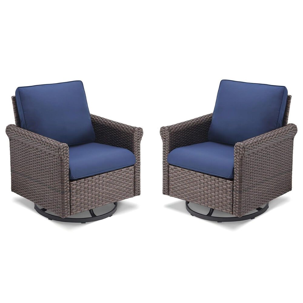 Sunwell Garden Patio Swivel Glider Chair with Brown Frame and Rolled Armrests in Navy (Set of 2), , large