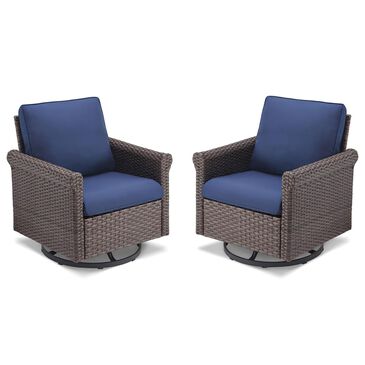 Sunwell Garden Patio Swivel Glider Chair with Brown Frame and Rolled Armrests in Navy (Set of 2), , large