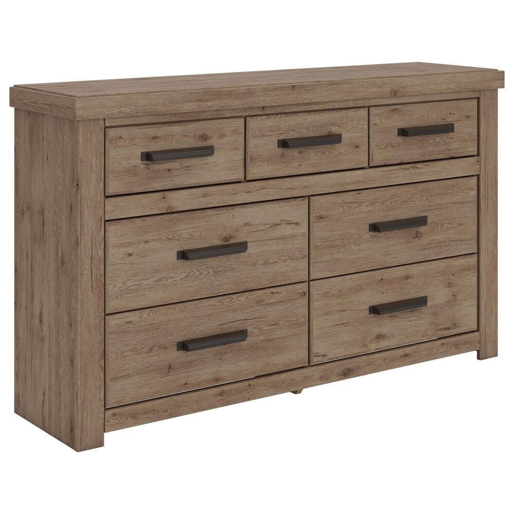 Ashley Oliandon King Panel Bed Dresser Chest and 2 Nightstands in Light Brown, , large