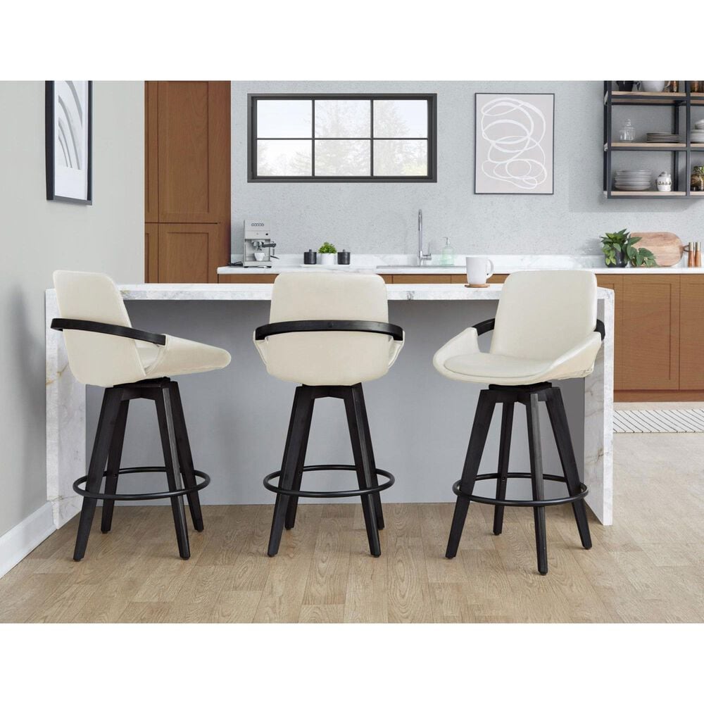 LumiSource Cosmo 26" Swivel Counter Stool with Cream Upholstery in Black (Set of 2), , large
