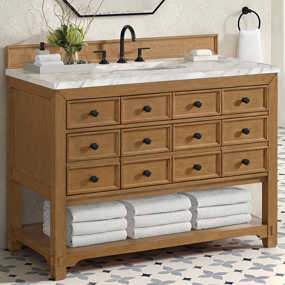 James Martin Malibu 48&quot; Single Bathroom Vanity in Amber Birch with Carrara White Marble Top and Rectangular Sink, , large