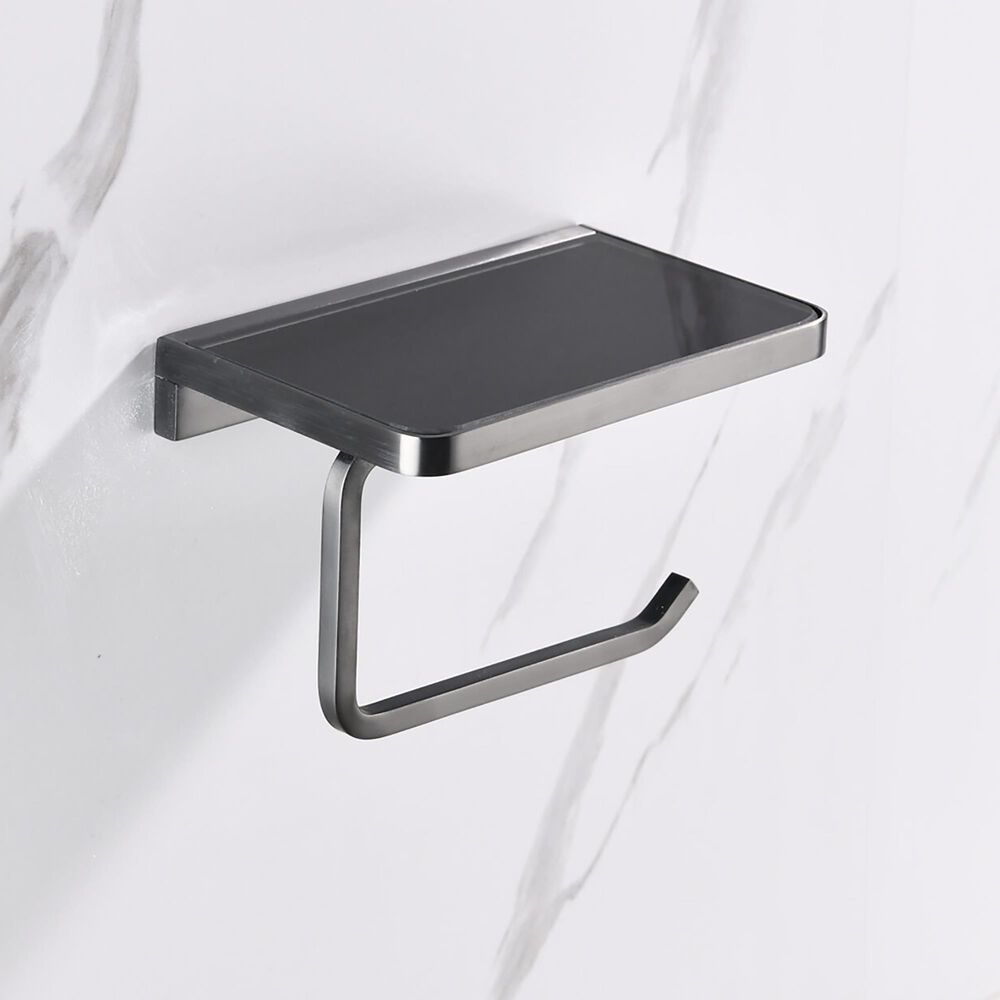 Lexora Home Bagno Bianca Post Toilet Paper Holder with Glass Shelf in Gun Metal and Black, , large
